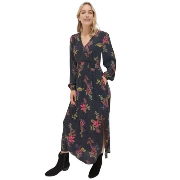 Fat‎ Face Bennie Floral Midi Dress Sz 10 Short Black Red Floral Smocked Boho - Picture 1 of 12
